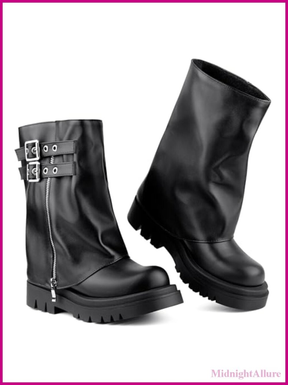 Fold Over Mid Calf Boots Slouchy Moto Biker Combat Faux Leather Platform